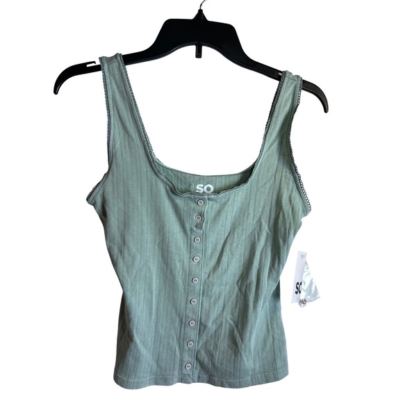 SO Tops - SO Ribbed Henley Tank Top Size S Green Lace Trim Button Front Womens